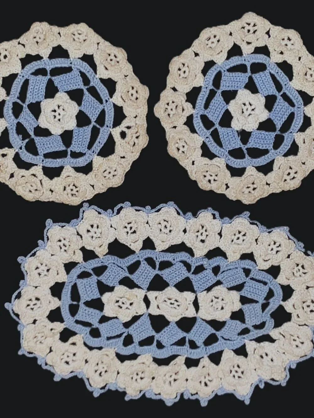 MCM Doilies Crocheted Blue & White Chair Accent Set Yellow w Glass Beads 18” Vtg